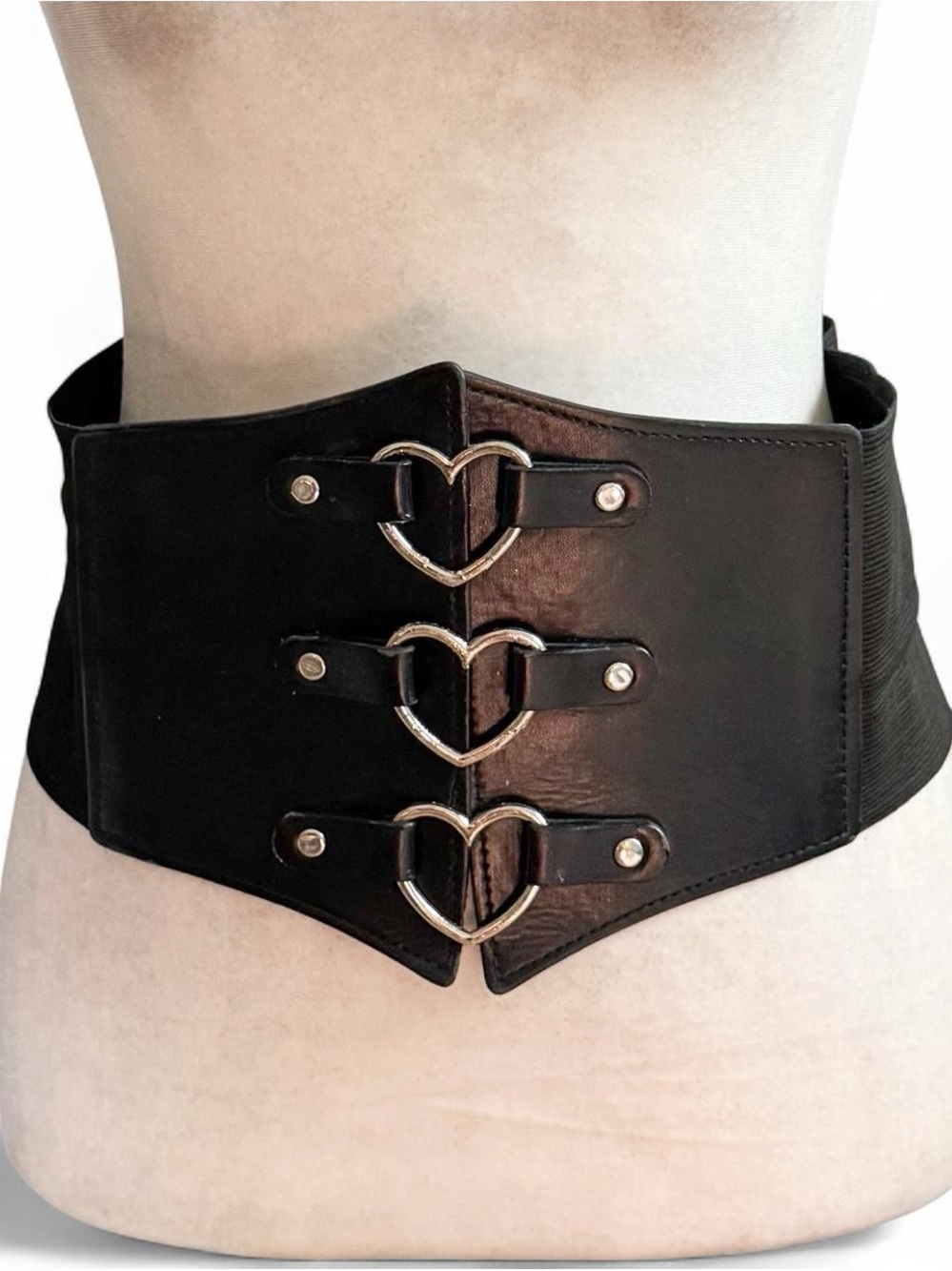 Black Corset Belt Heart Buckle Goth Waist Belt L/XL Stretch Elastic